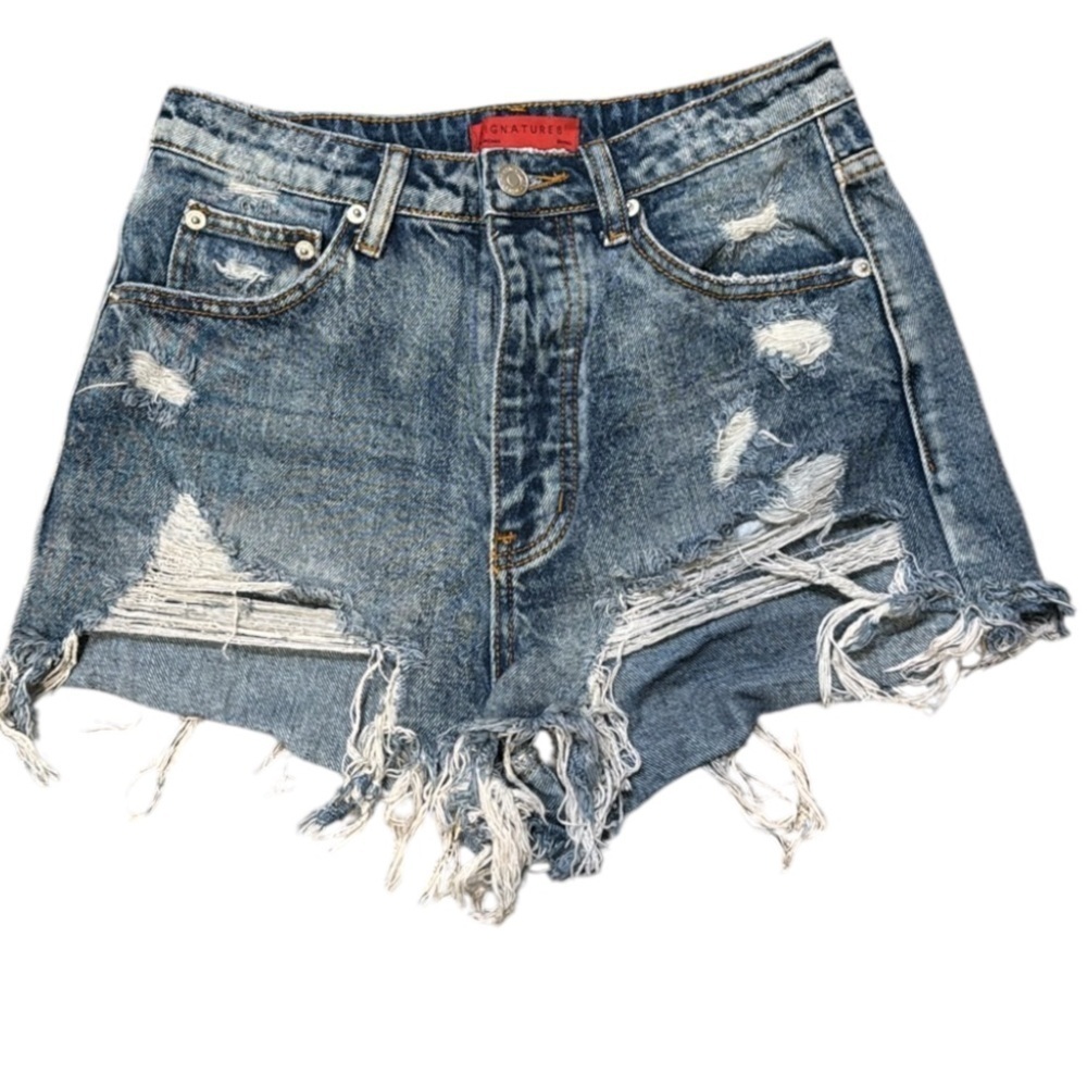 SIGNATURE8 Distressed Denim Shorts Small High Rise Cutoff Raw Hem Festival